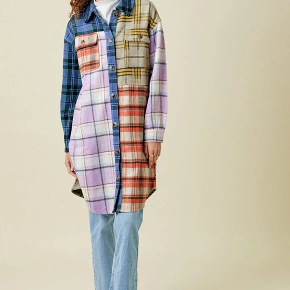 MYSTREE MIXED PLAID COLOR BLOCK LONG JACKET - Picture 2 of 7